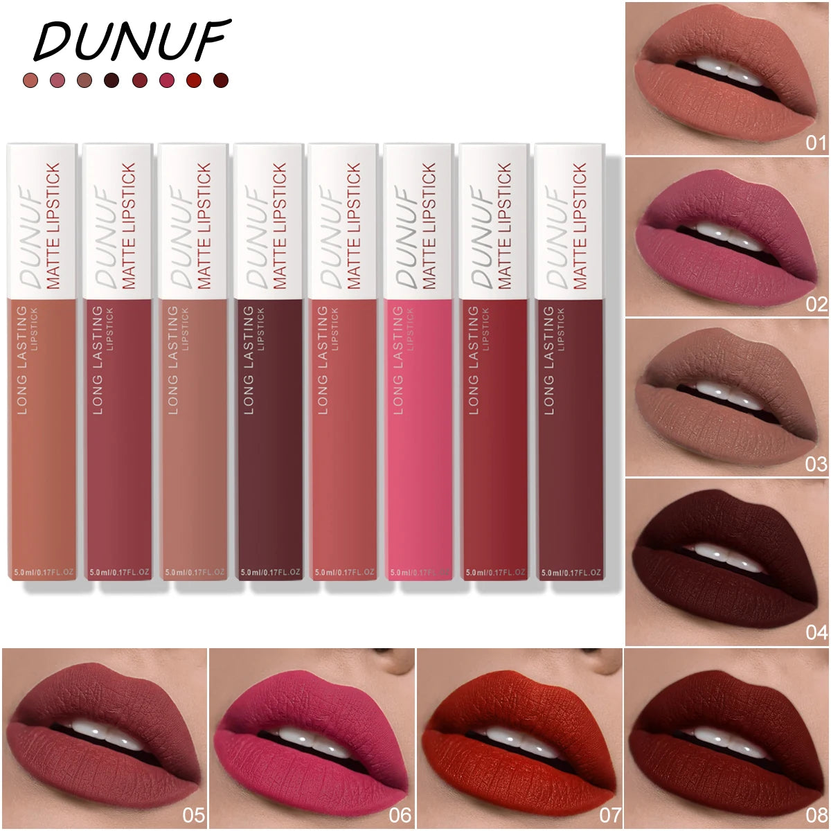 8pcs Matte Lip Gloss Set Long-Lasting Moisturizing Non-Stick Rich Pigmentation for All Skin Types Mixed Color Palette