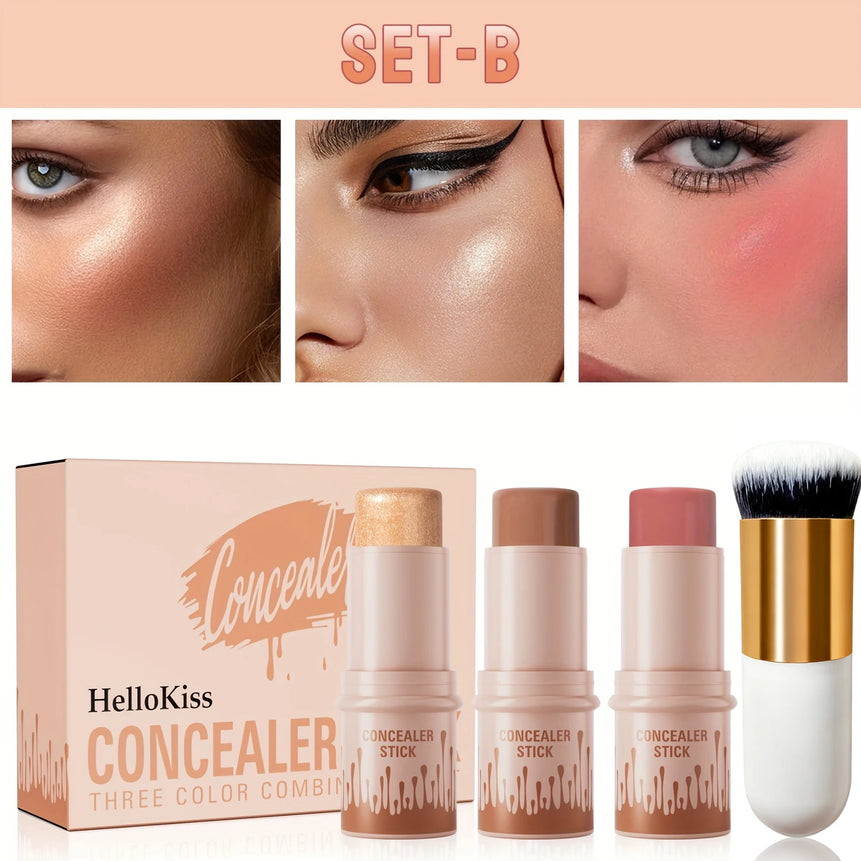 3pcs Concealer Sticks Set with Brush, Highlighter & Bronzer & Blush Sticks Brighten The Face, Waterproof Suitable for Christmas