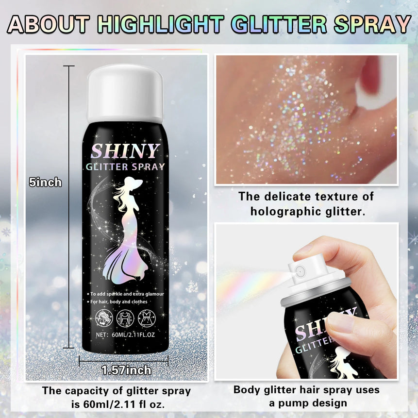 2025 New Holographic Body Glitter Spray for Hair Clothing Quick Drying  Long Lasting Shimmer Christmas Decorative Accessories