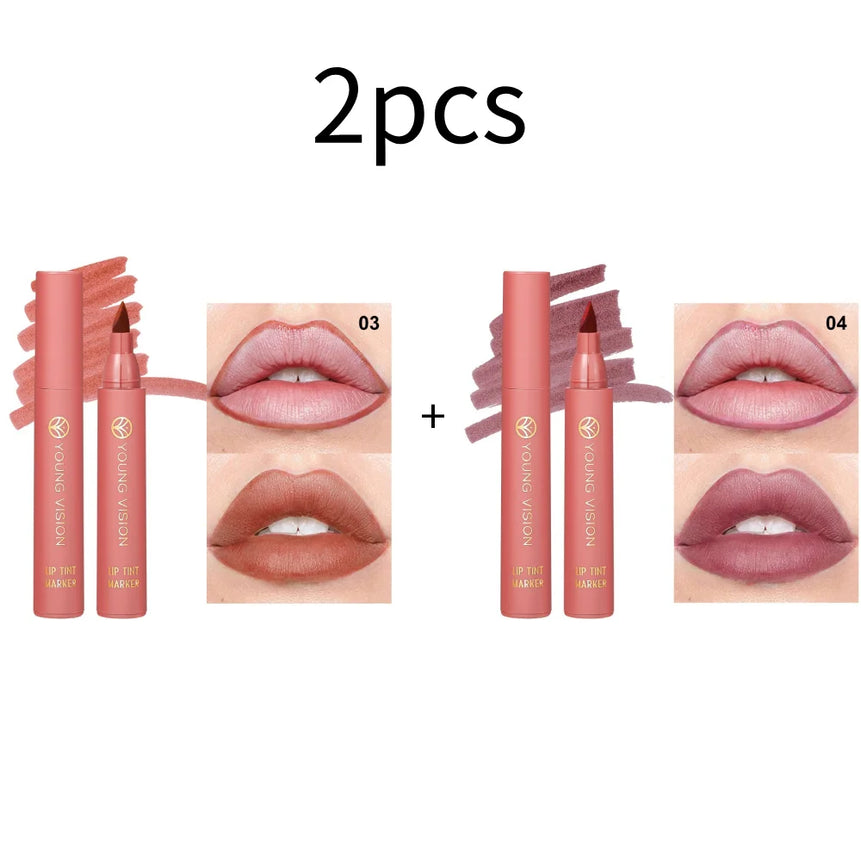 Lip Tint Pen, 6 Colors Available, Matte Water Lipstick, Non-Stick Cup, Long-Lasting, Smooth Lip Liner and Lip Stain Combo