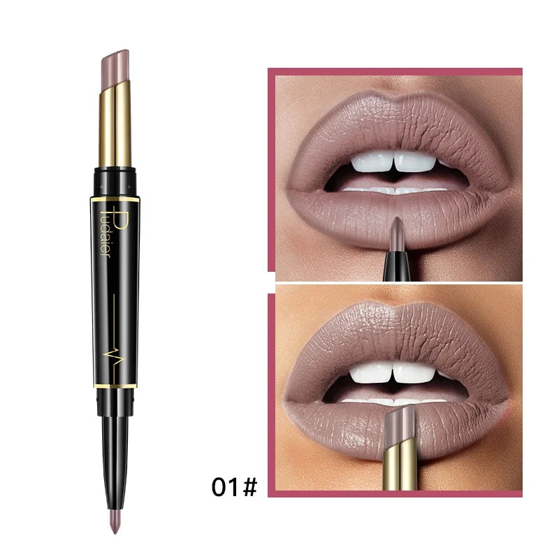 2 in 1 Lipstick and Lip Liner Pen, Matte Waterproof Long Lasting Lip Makeup Tool, Non-Fading Smooth Velvet Finish