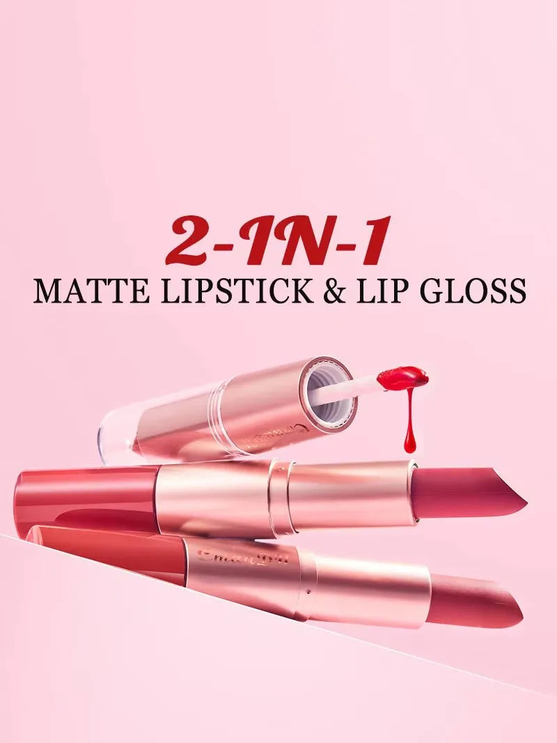 3 Pcs Long-Lasting Lipstick Lip Gloss Set-Double Headed Design for Natural Non-Fading Waterproof Non-stick Cup Exquisite Gift