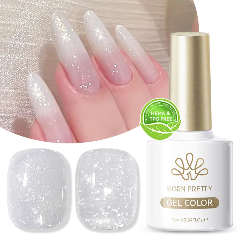 BORN PRETTY 10ml Reflective Glitter Gel Nail Polish Milky White Sheer Sparking Vanis Semi-permanent for  for Christmas Xmas Nail