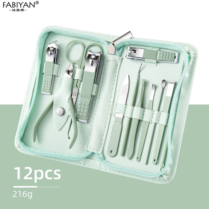 Green 7-22Pcs  Nail Art Cutter Pedicure Scissors Nail Clipper Tool Set Manicure Pedicure Dead Skin Remover With Case