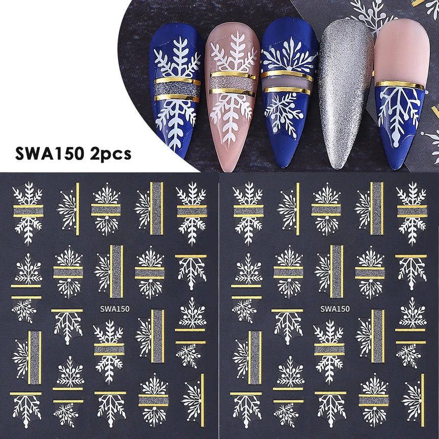 2pcs Sparkle Silver Winter Nail Sticker Geometry Snowflakes Xmas Tree Decorative Balls Adhesive Sliders Christmas Manicure Decal