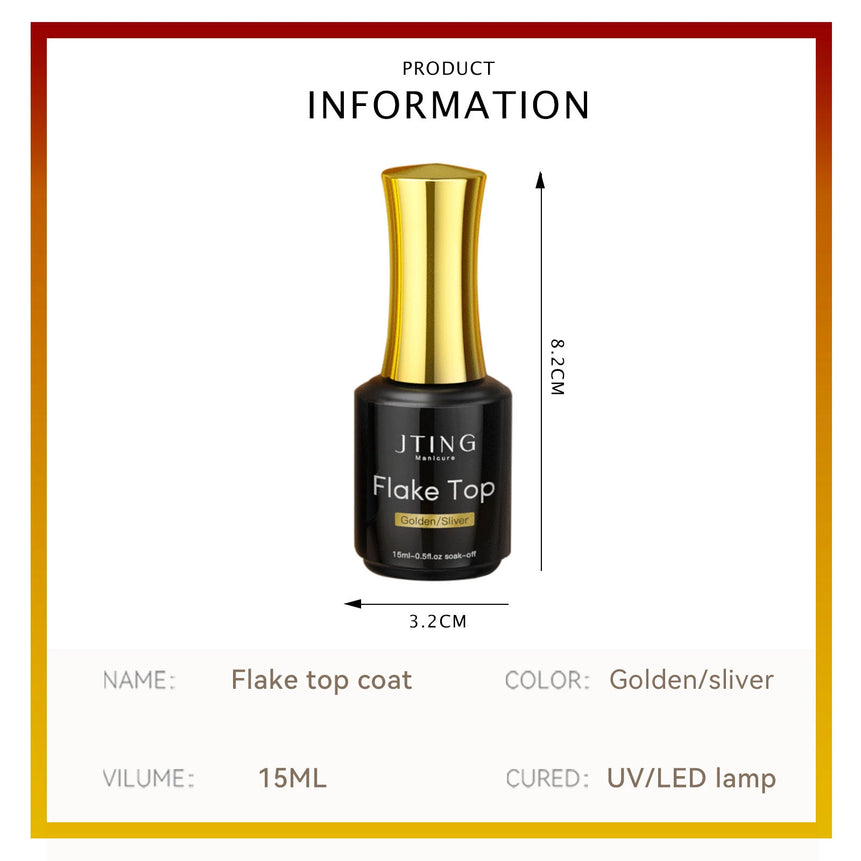 JTING 1pc 15ml Popular Glitter Chrome Foil Flakes Gold Sliver Top Coat Base Gel Polish