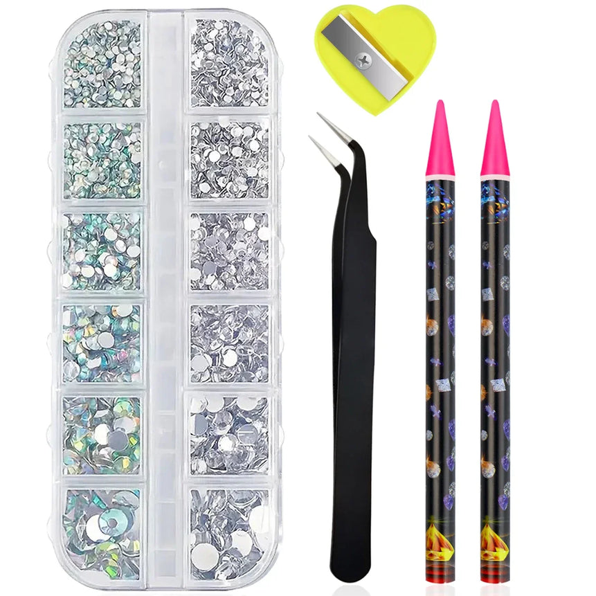 Boxed 3D Flat Back Nail Rhinestones Nail Gems Glass AB & Clear Crystal Rhinestones Kit Nail Art Charms DIY Manicure Accessories