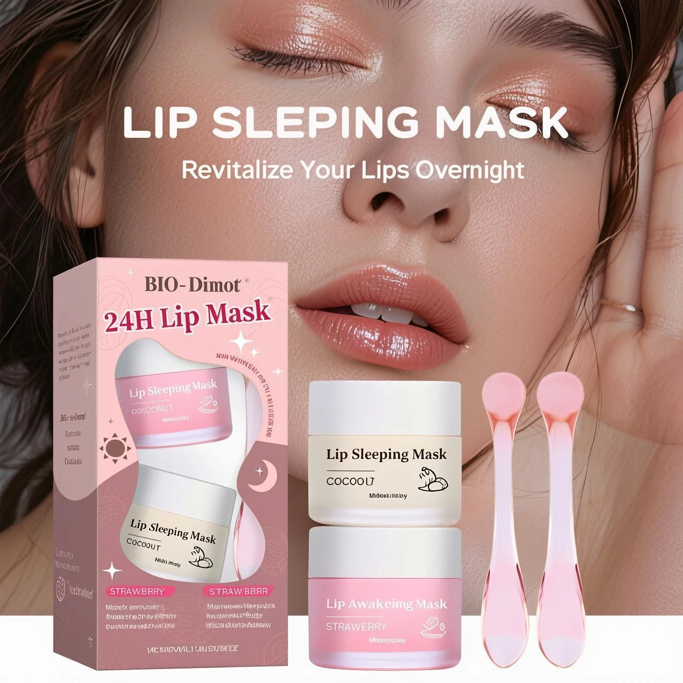 Natural Coconut & Strawberry Lip Mask Duo 20g Set - Day and Night Moisturizing Treatment for Dry and Sensitive Lips