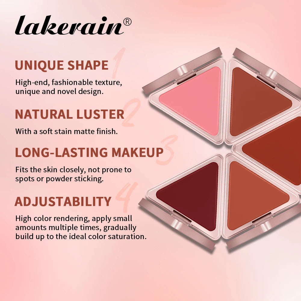 Lakerain Matte Cream Blusher Long-lasting Natural Makeup Triangle Box Design Oil-Resistant High Pigment Cream Blush Plate