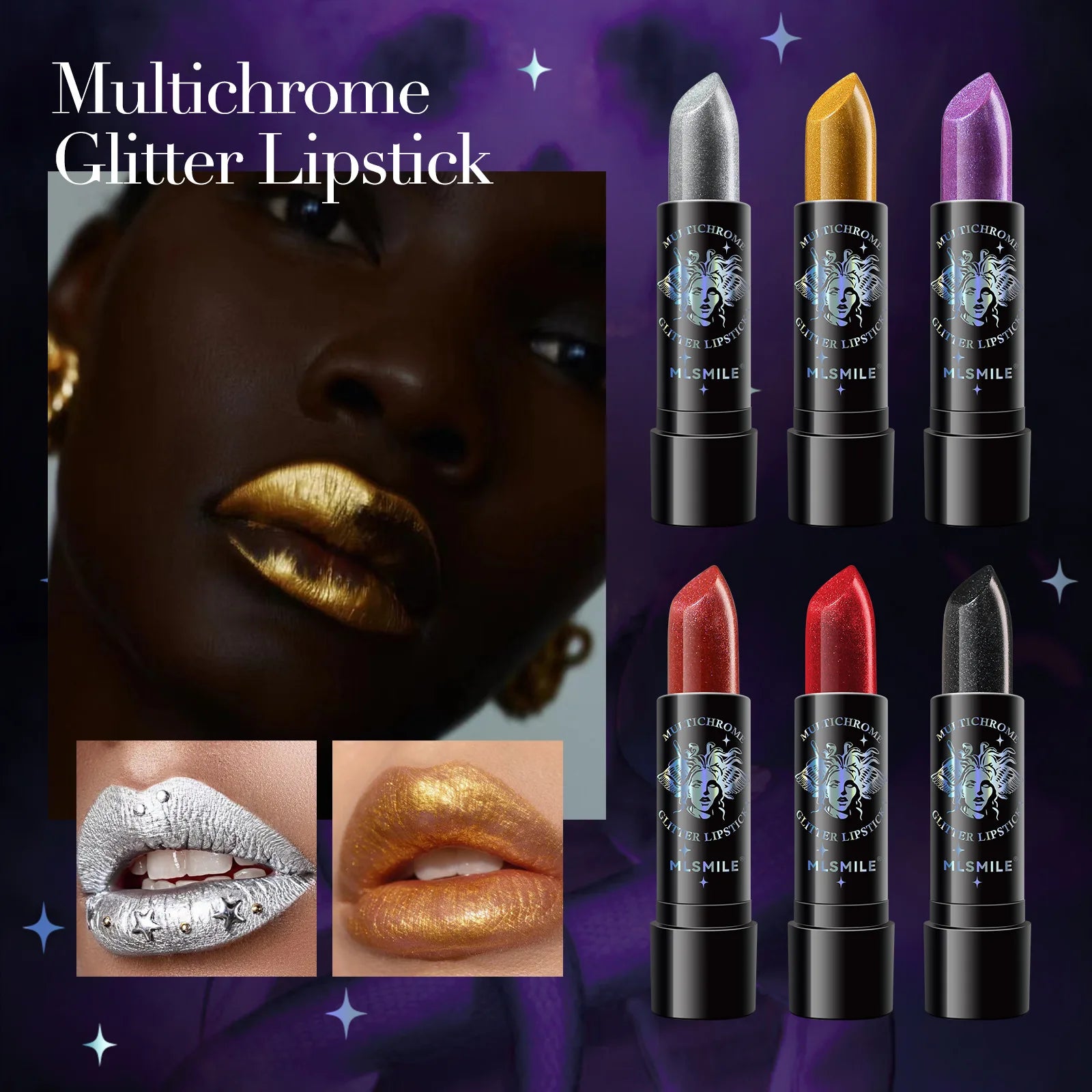 6Colors Glitter Lipstick Waterproof Long Lasting Diamond Pearlescent Metallic Lipstick Black Lipgloss Women Lips Makeup Cosmetic