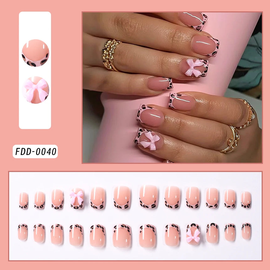 24Pcs Pink Leopard Print French Tips False Nails Short Square Head 3D Black Bowknot Fake Nails Acrylic Full Cover Press on Nails