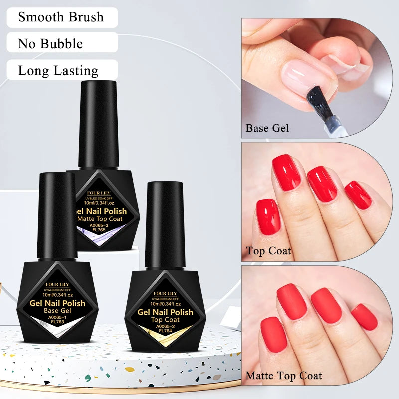 FOUR LILY 10ml Base Gel, Top Coat, Matte Top Coat Functional Nail Care Long Lasting UV/LED Varnish Gel Nail Polish Manicure