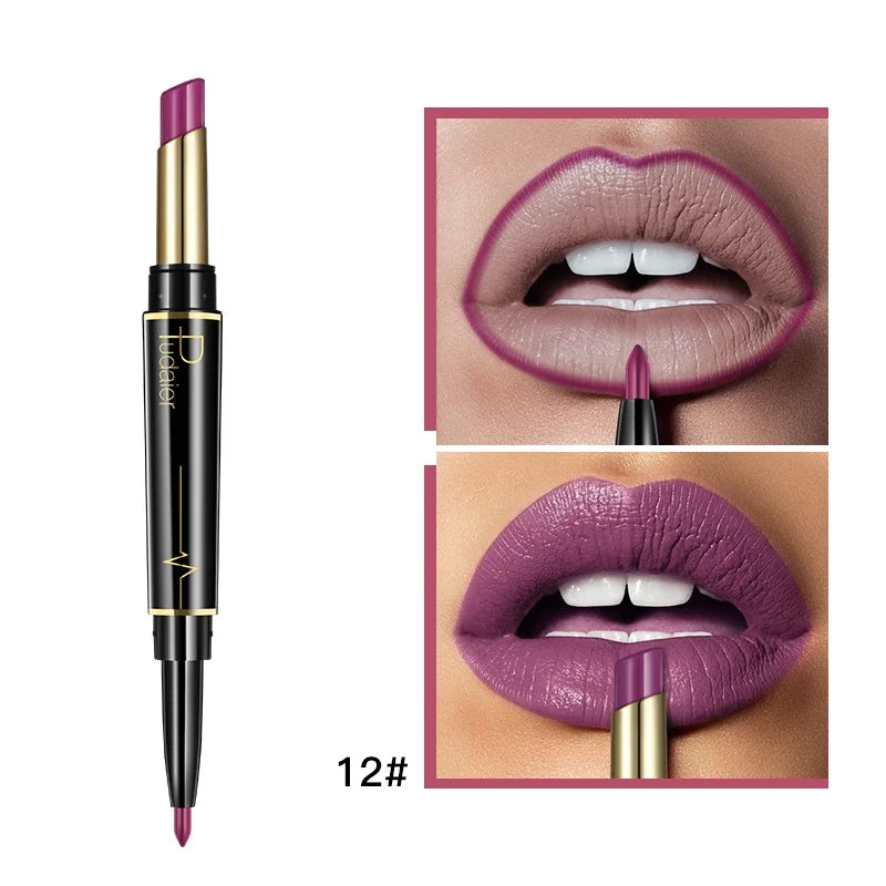 2 in 1 Lipstick and Lip Liner Pen, Matte Waterproof Long Lasting Lip Makeup Tool, Non-Fading Smooth Velvet Finish