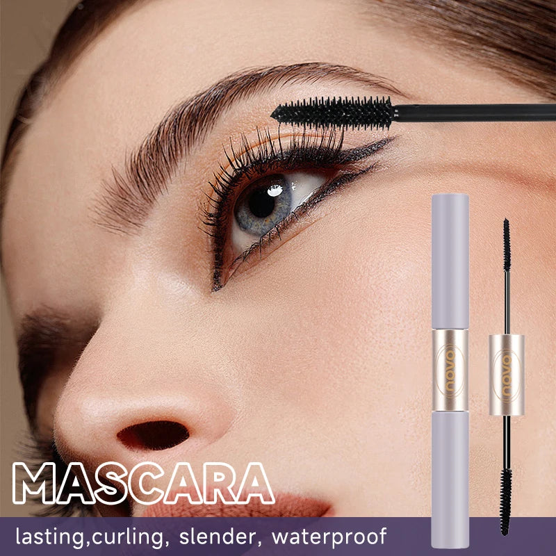 Dual-Ended Mascara, Eyelash Primer & Mascara, Fine & Thick Brush Heads, Volumizing & Lengthening, Long-Lasting, Water Resistant,