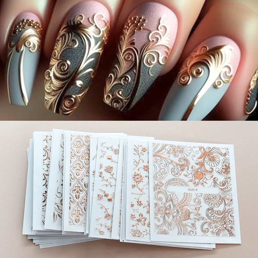 30 Sheets Gold Metallic Flowers Vine Nail Art Decals  3D Lace Flower Nail Sticker Self-Adhesive Nail Art Decoration 5.5*6.5cm