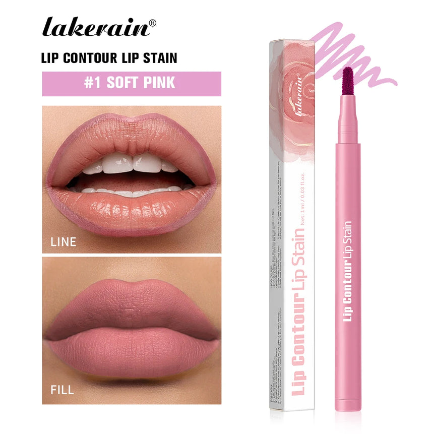 2-in-1 Lip Contour Lip Stain Pen Smudge-proof Non-stick Cup Moisturizing Lip Makeup Cosmetic Dual-Sided Tip Lip Stain & Liner