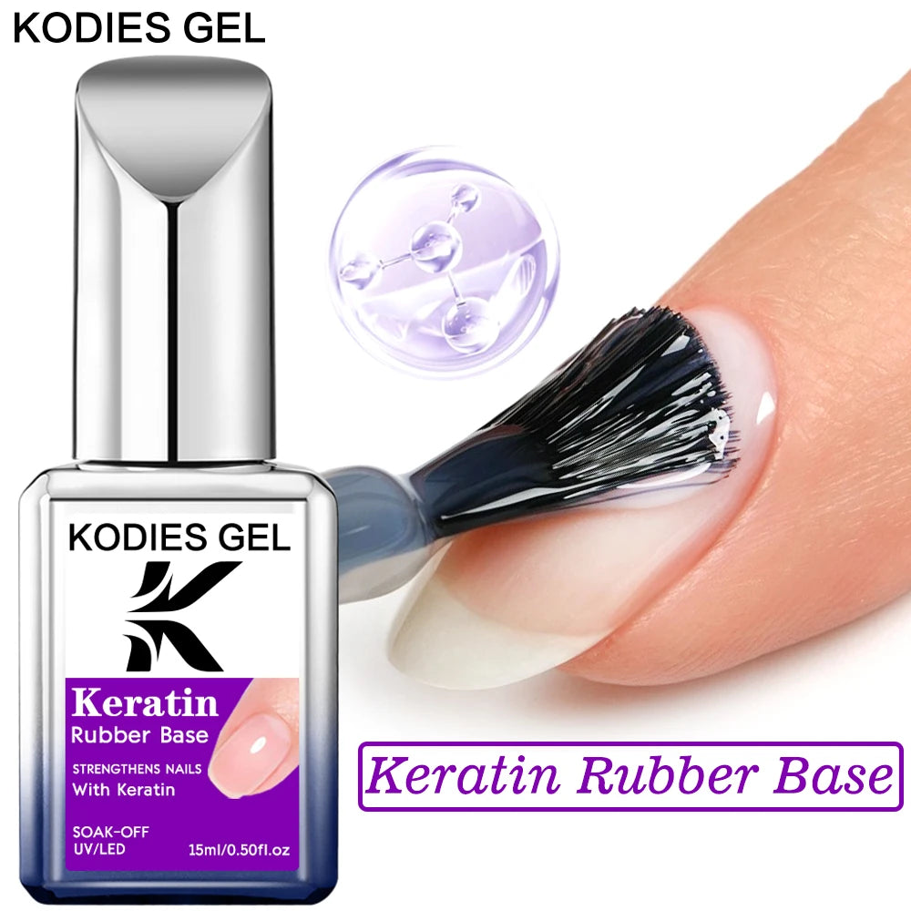 KODIES GEL Keratin Rubber Base Coat 15ML Nail Strengthener Gel Nail Polish Semi permanent UV Durable Base Varnish Protects Nails