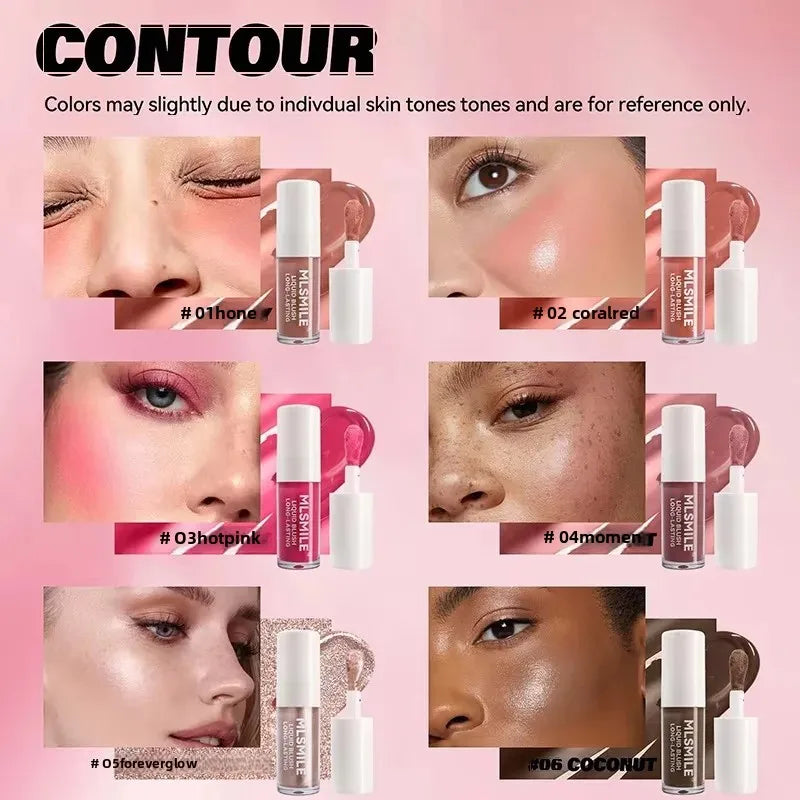 6 Colors Liquid Blush Highlighter Contour for Cheeks with Shimmer Finish Moisturizing Lightweight Blendable Makeup for Women