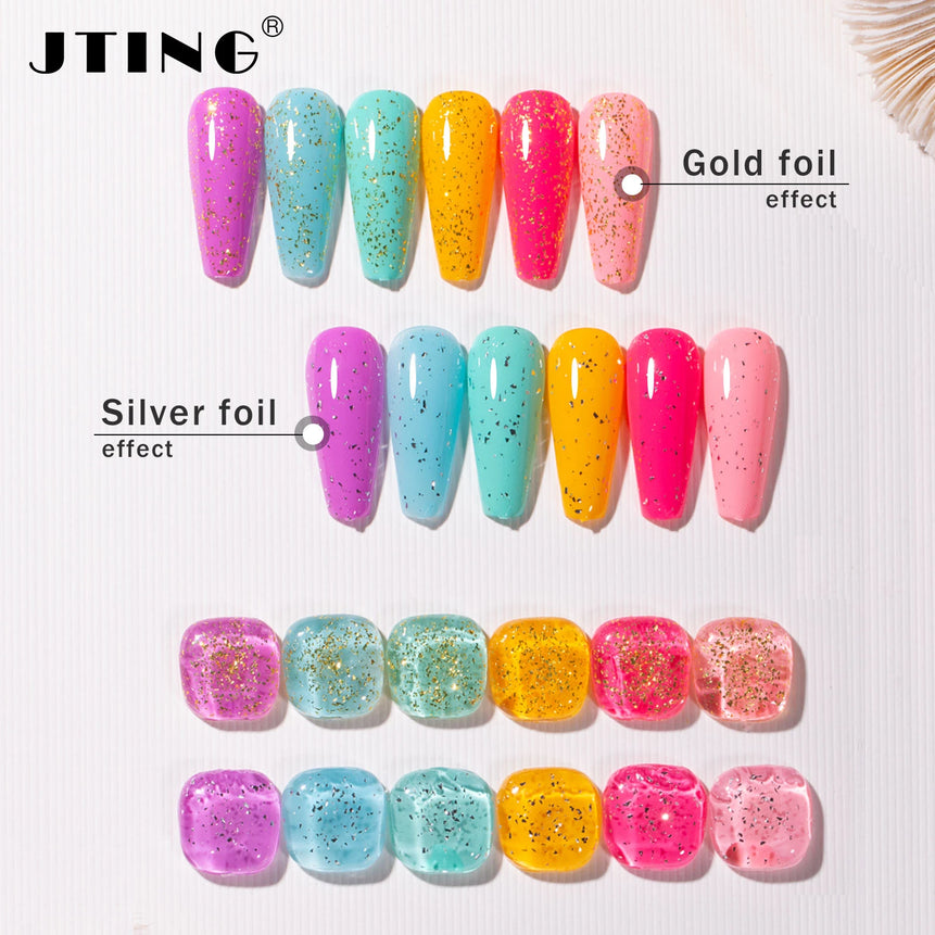 JTING 1pc 15ml Popular Glitter Chrome Foil Flakes Gold Sliver Top Coat Base Gel Polish