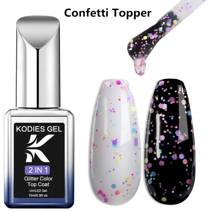 KODIES GEL Diamond Top Coat for Nail Varnish 15ML Super Shine UV Gel Nail Polish Soak Off Semi Permanent Glitter Topcoat No Wipe