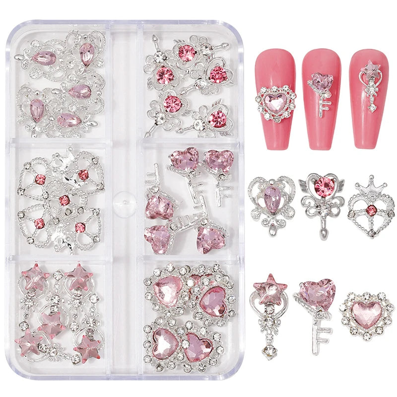 30Pcs Pink Nail Charms Alloy Rhinestones 3D Star Butterfly Heart Cross Gem Nails Crystal Diamond Nail Art Decoration Accessories