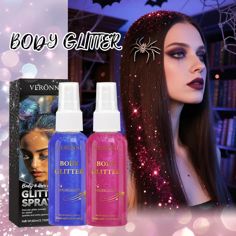 Liquid highlighter spray, high shine glitter spray, holographic highlighter spray, long lasting body halloween party makeup
