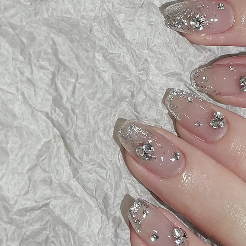 24Pcs Short False Nails with Shimmery Powder Ballet Nail Art Full Cover French Sheer Wearable Nail Manicure Tips for Girls Daily