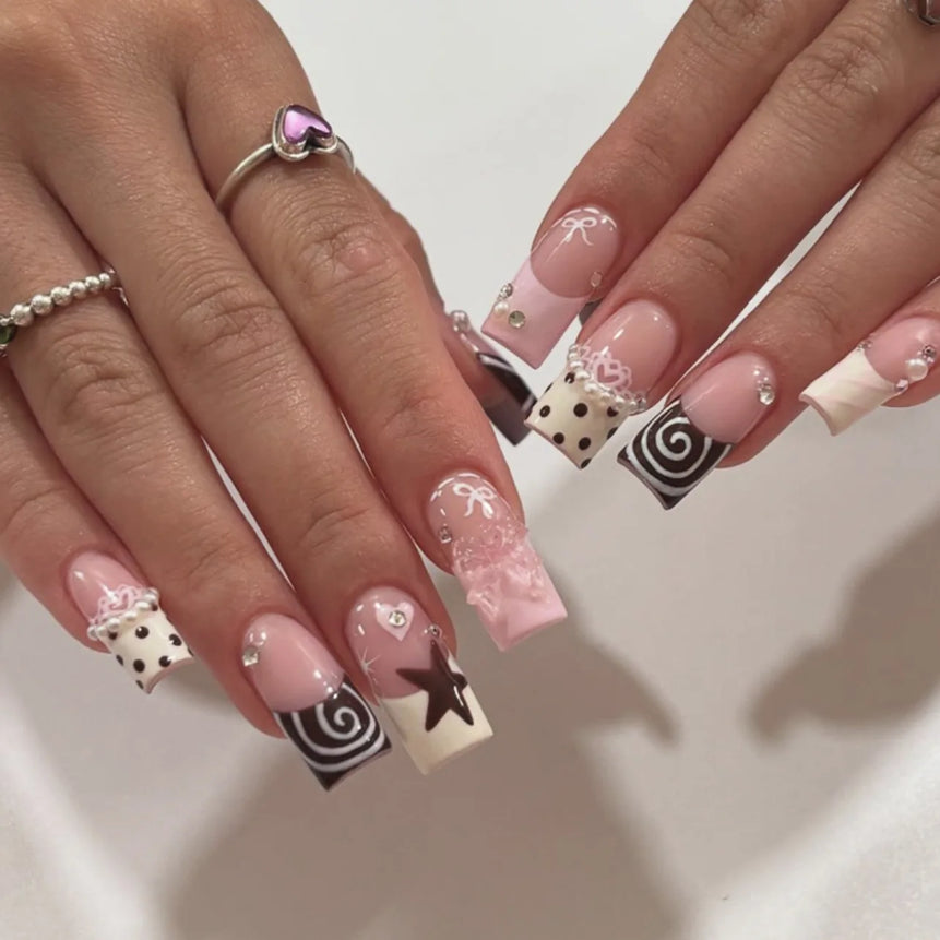 24pcs Y2K Sweet Stars Press On Nails Blue Brown Stripes French Style False Nails Wave Point Designs Autumn Vintage Fake Nail