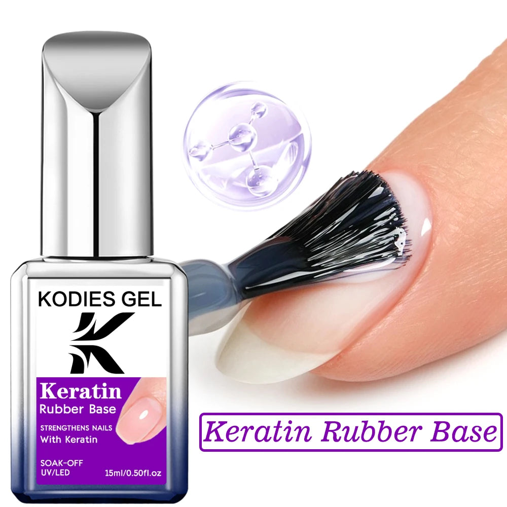 KODIES GEL Keratin Rubber Base Coat 15ML Nail Strengthener Gel Nail Polish Semi permanent UV Durable Base Varnish Protects Nails