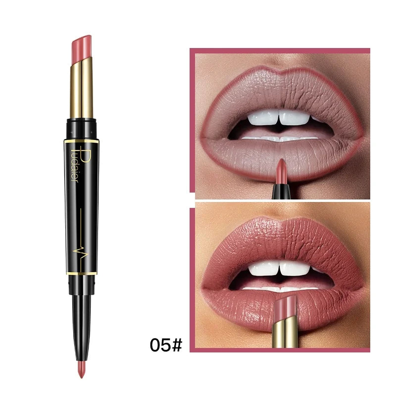 2 in 1 Lipstick and Lip Liner Pen, Matte Waterproof Long Lasting Lip Makeup Tool, Non-Fading Smooth Velvet Finish