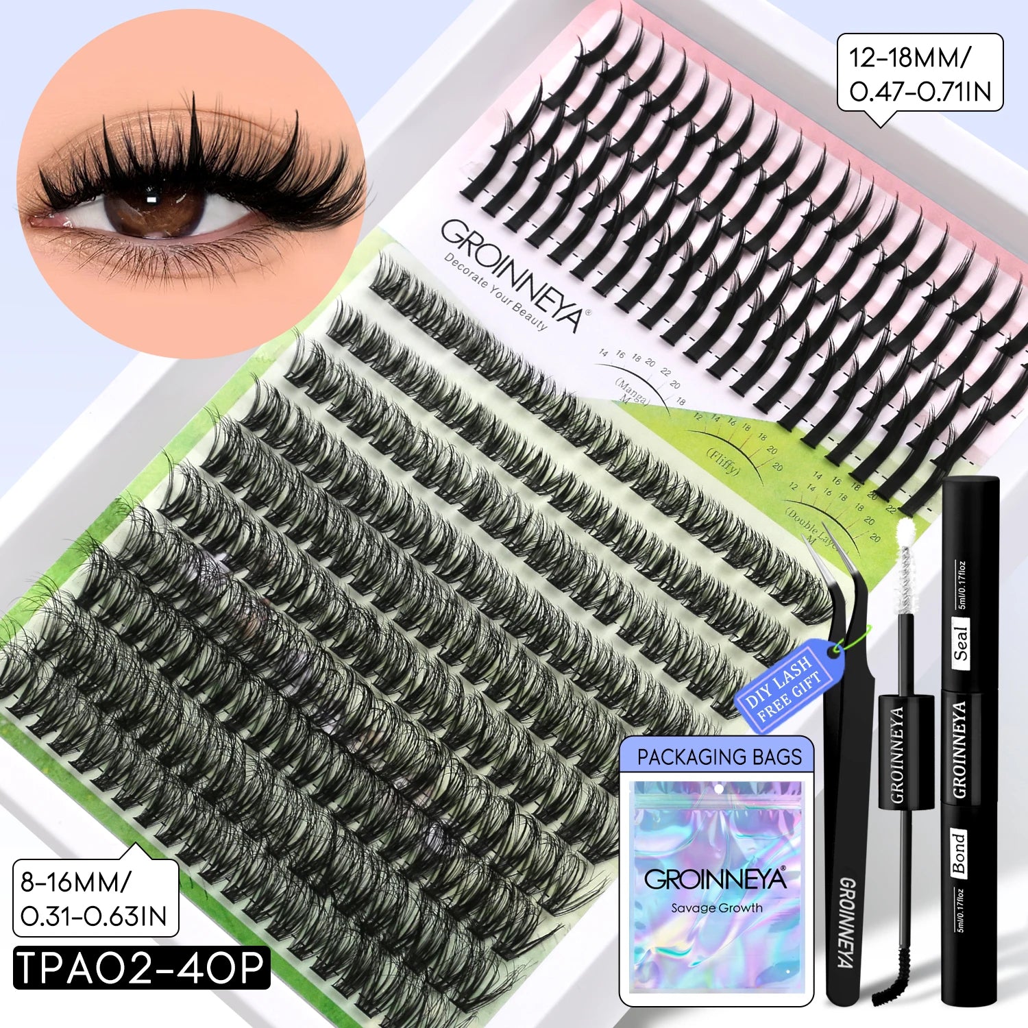 GROINNEYA Lash Clusters Kit DIY Manga Cluster Lashes Set Spikes Lashes Cluster Extension Full Set Individual Eyelashes Makeup