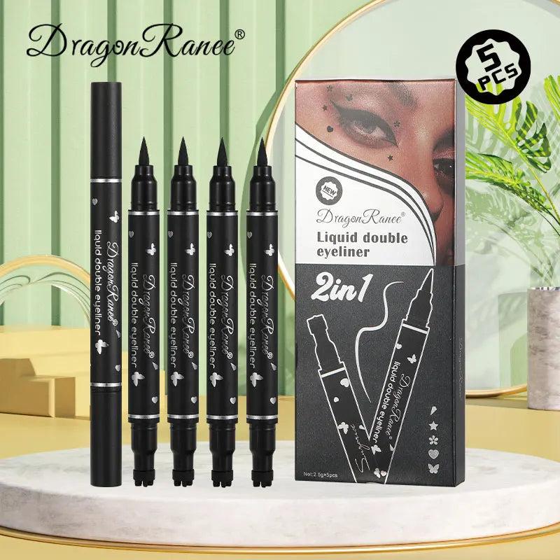 Set of Five Double-Ended Eyeliner Pens, Gel Pens, Stamp Pens, Smooth Color Payoff, Quick-Drying, Long-Lasting, Smudge-Proof, Natural Makeup, Waterproof and Sweat-Proof Eyeliner Pens