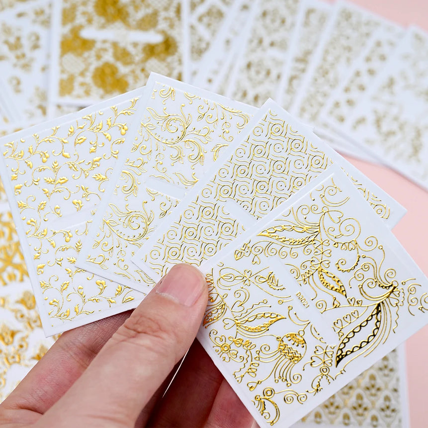 30 Sheets Gold Metallic Flowers Vine Nail Art Decals  3D Lace Flower Nail Sticker Self-Adhesive Nail Art Decoration 5.5*6.5cm