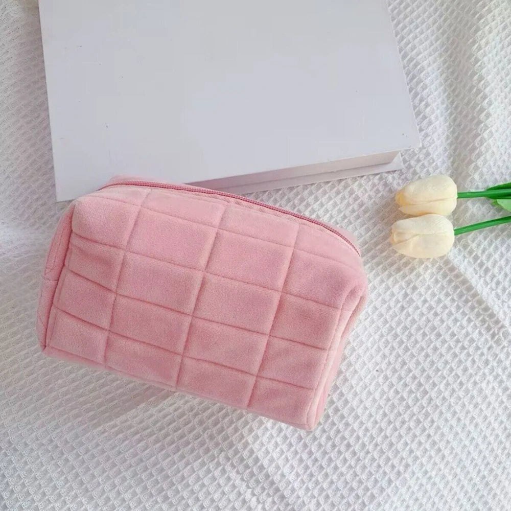 Cute Soft Plush Small Cosmetic Bag Portable Travel Pouch Solid Color Zipper Toiletry Storage Organizer for Women Makeup Bag