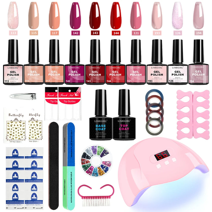 LIMEGIRL 8ml Gel Nail Polish Kit UV Soaking Gel Primer Polish Manicure Kit with UV LED Lamp Dryer Semi-Permanent Gel Varnish Kit