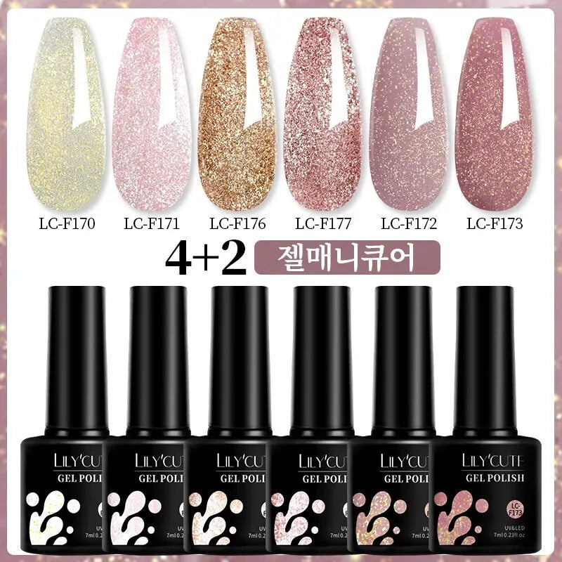 LILYCUTE 7ml 6Pcs/Set Glitter Gel Nail Polish Vernis Semi Permanent Glitter Polish DIY Nail Art Soak Off LED UV Gel
