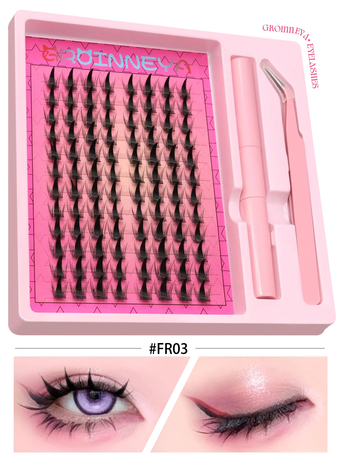 GROINNEYA Manga Lash Clusters Kit Cat Lashes with Lash Bond & Seal Cluster Eyelash Extensions Eyelash Clusters Kit DIY Lashes