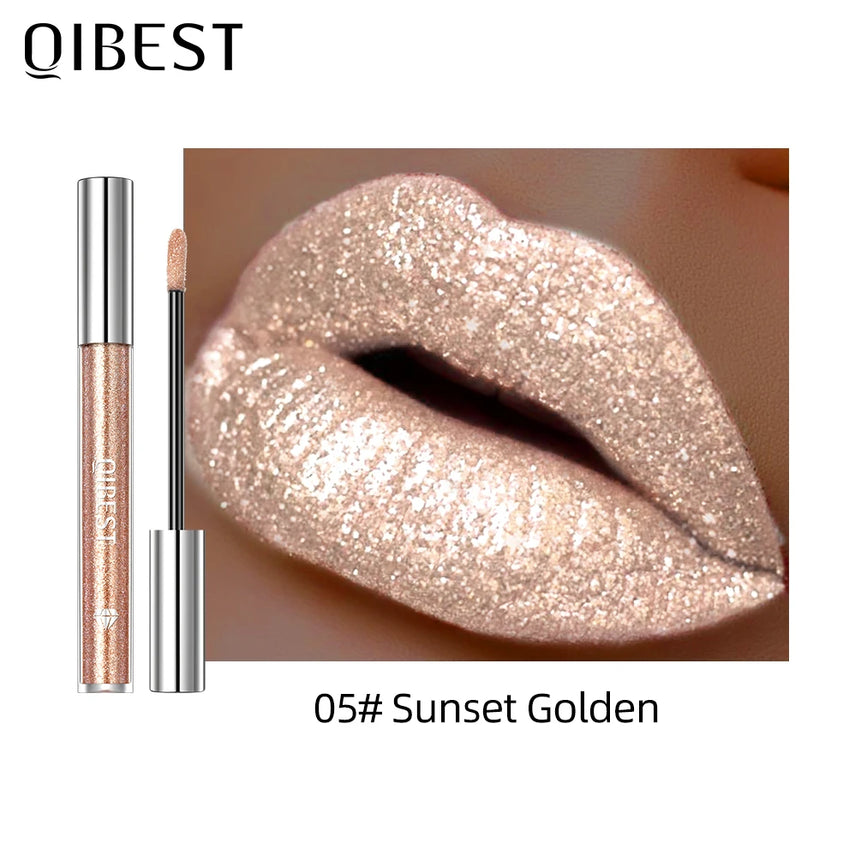QIBEST 6 Colors Metallic Glitter Diamond Liquid Lipstick Waterproof Long Lasting Pearl Shiny Lip Gloss Charming Women Lip Makeup