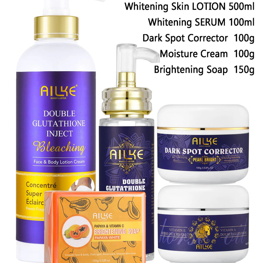 AILKE Whitening Skin Care Set, Lightening, With Double Glutathione, Reduce Black, Dark and White Spots, For All Skin Types