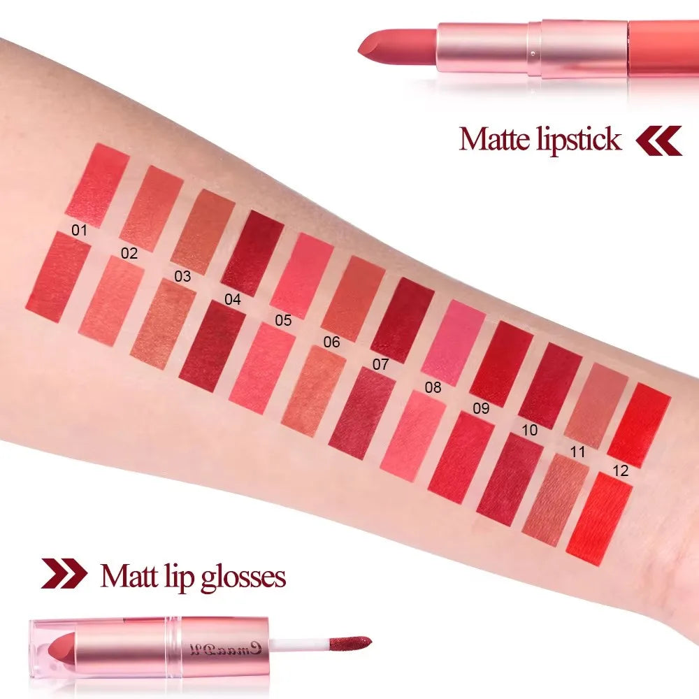 3 Pcs Long-Lasting Lipstick Lip Gloss Set-Double Headed Design for Natural Non-Fading Waterproof Non-stick Cup Exquisite Gift