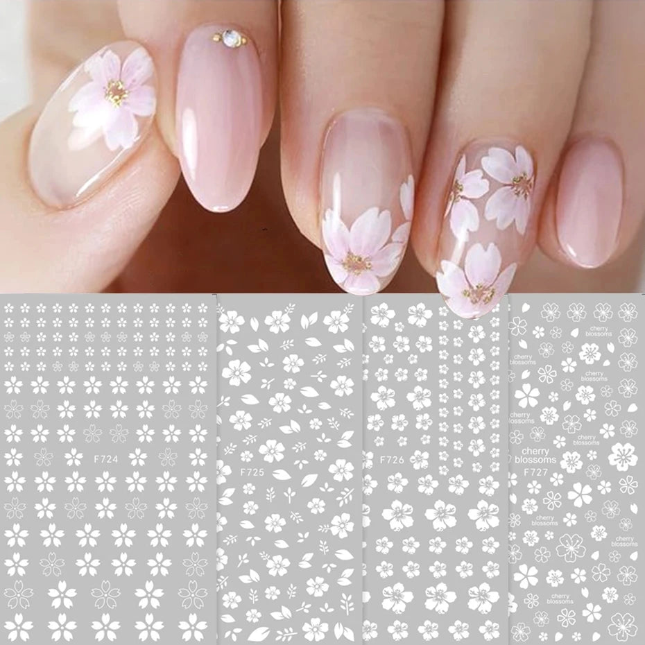 1pcs Sakura Flower 3D Nail Stickers White Cherry Blossom Nail Art Decals Spring Summer Adhesive Slider Decor Wedding Manicure