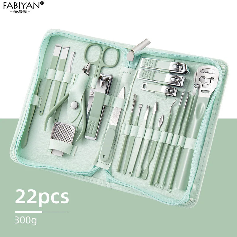Green 7-22Pcs  Nail Art Cutter Pedicure Scissors Nail Clipper Tool Set Manicure Pedicure Dead Skin Remover With Case
