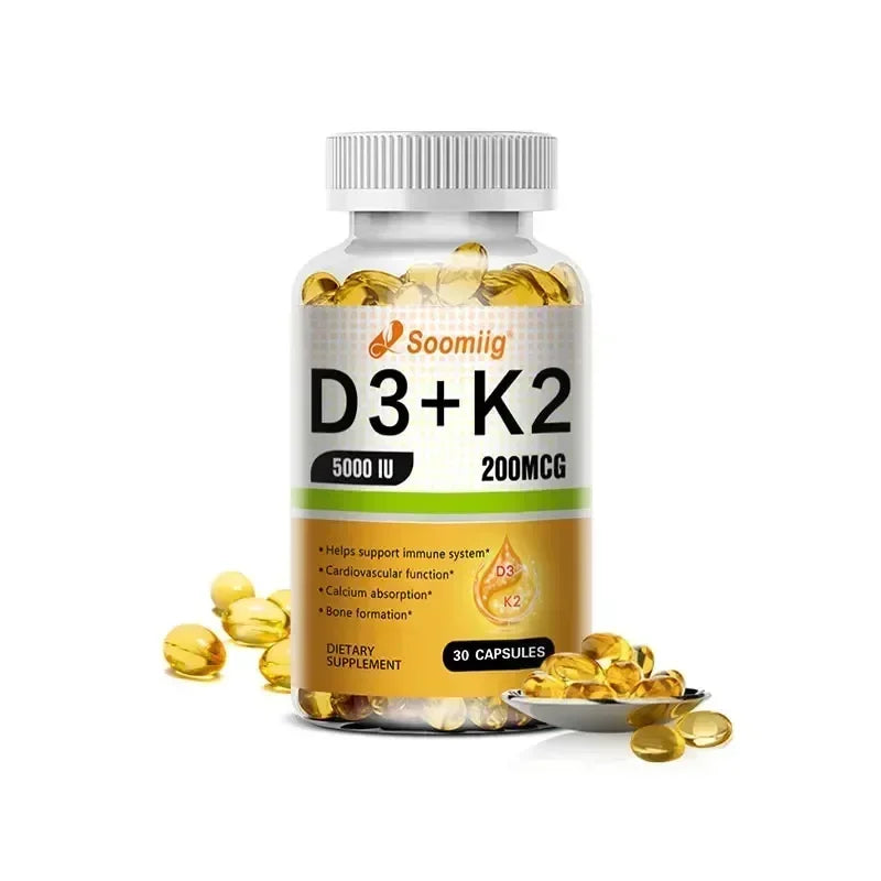 Vitamin D3 5000IU and 200 Mcg Vitamin K2 (MK-7) Capsules for Calcium Absorption, Bone Regeneration, Immune Support, Easy To Melt