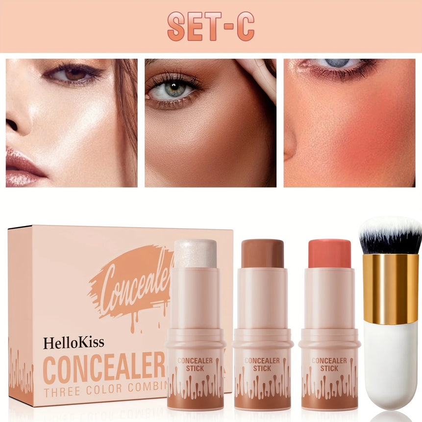 3pcs Concealer Sticks Set with Brush, Highlighter & Bronzer & Blush Sticks Brighten The Face, Waterproof Suitable for Christmas