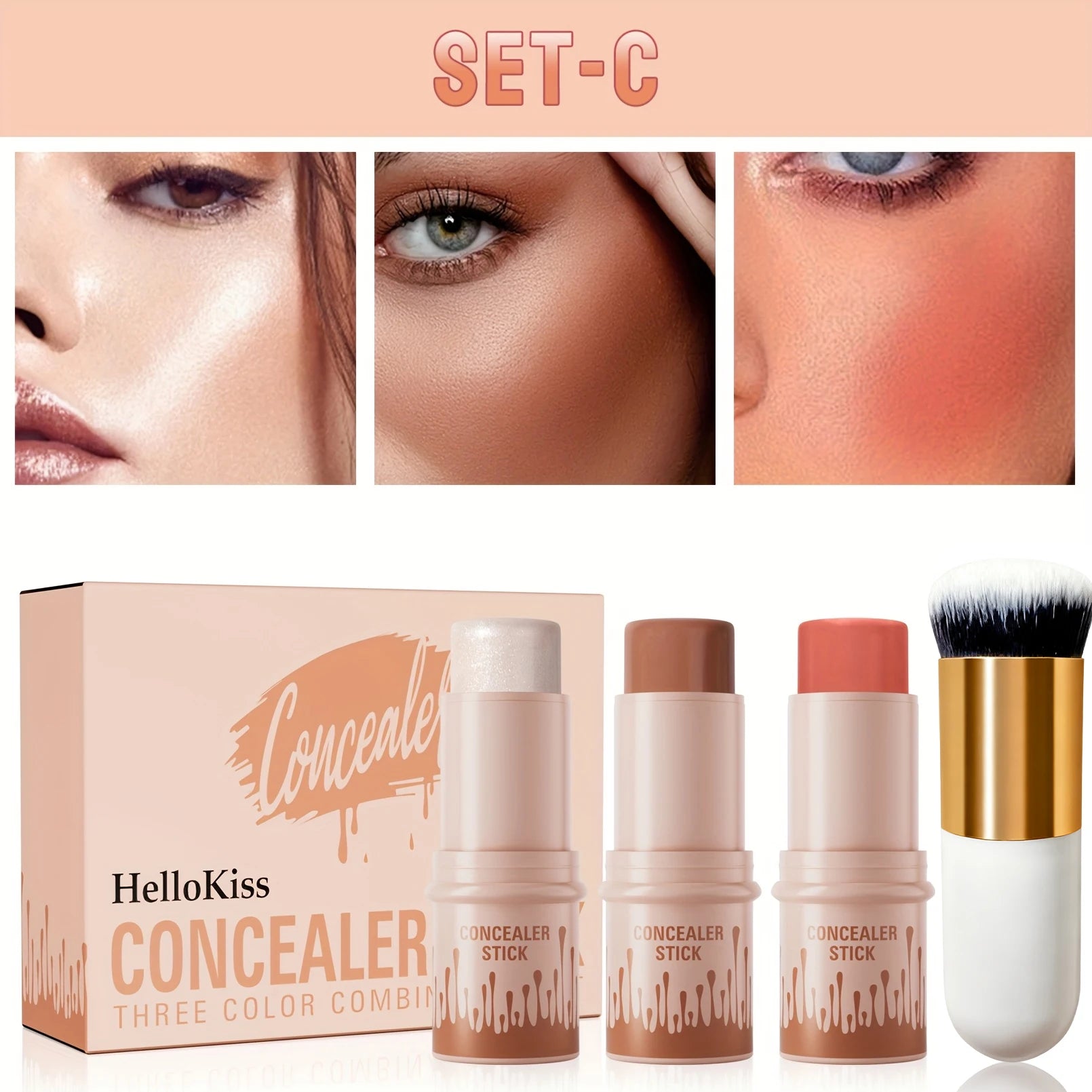 3pcs Concealer Sticks Set with Brush, Highlighter & Bronzer & Blush Sticks Brighten The Face, Waterproof Suitable for Christmas