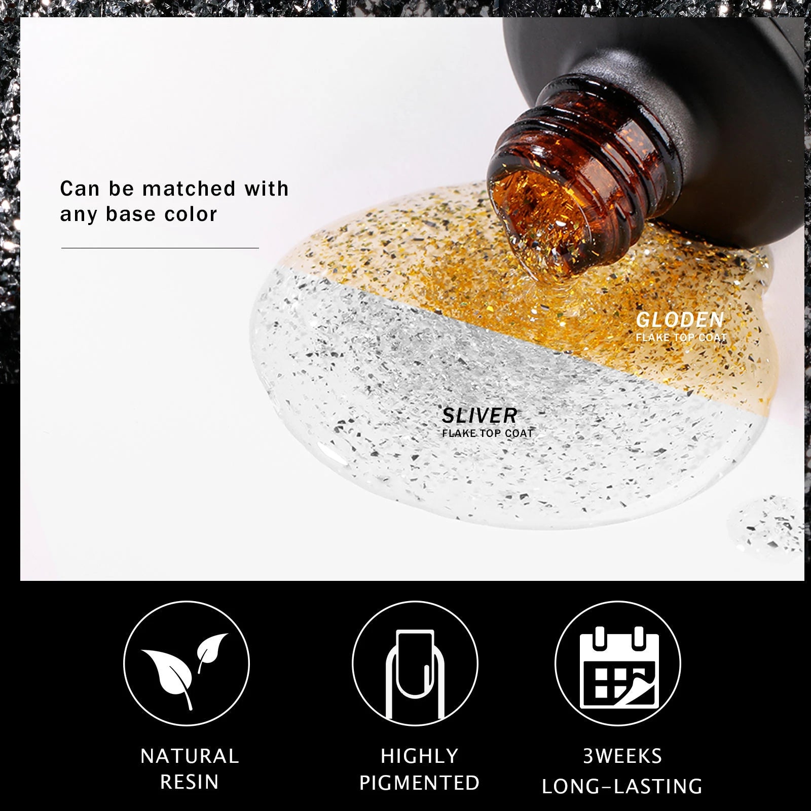 JTING 1pc 15ml Popular Glitter Chrome Foil Flakes Gold Sliver Top Coat Base Gel Polish