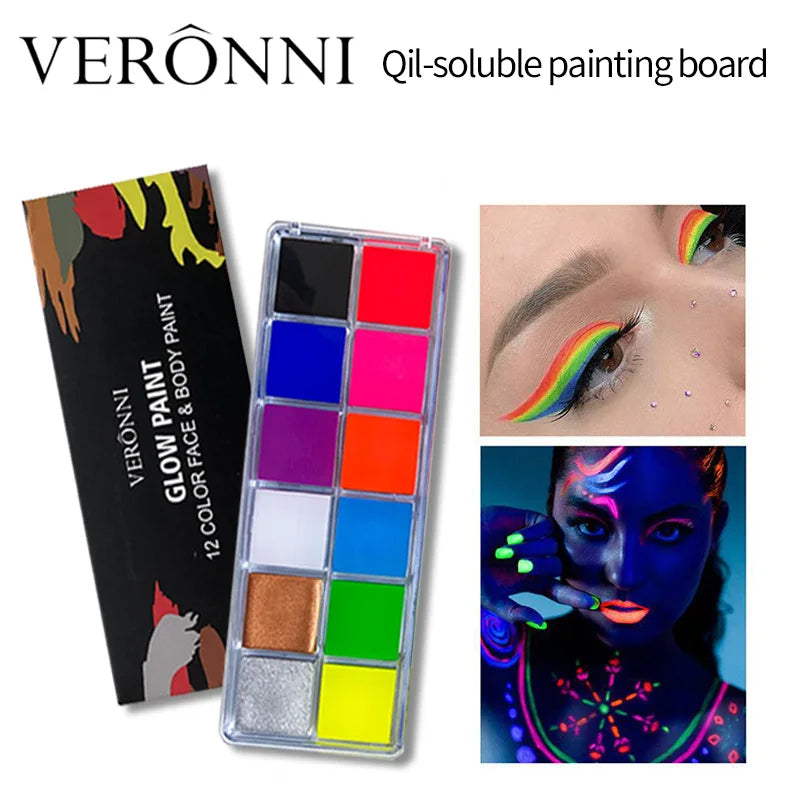 12 Cores UV Glow Paint Fluorescent Neon Oil Face Body Cosmetic Palette for Halloween Party Paint Fancy Dress Kid Cosplay Makeup