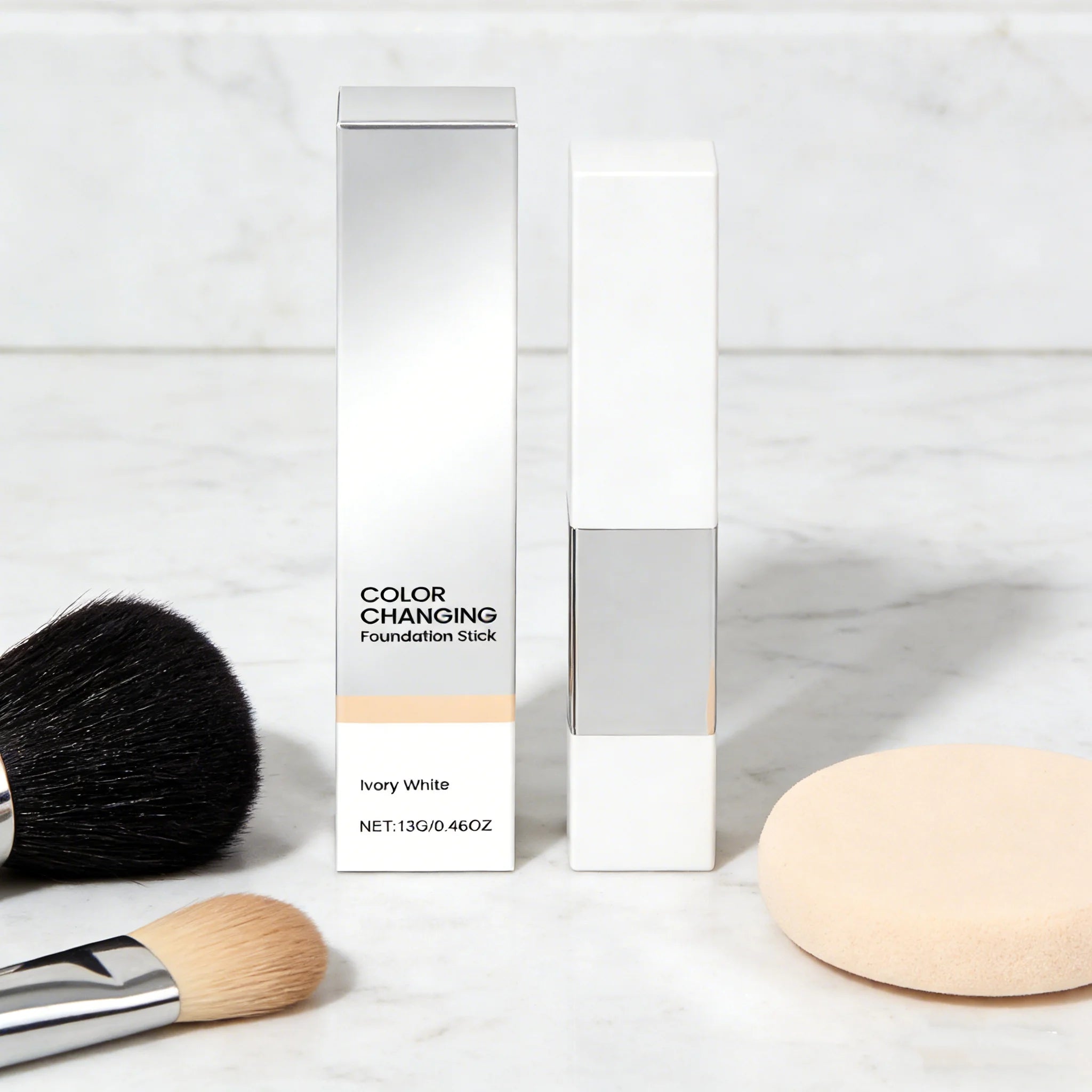 2-in-1 Color-Changing Foundation Stick Full Coverage Lightweight Moisturize Finish Base Makeup Dual-Ended with Detachable Brush