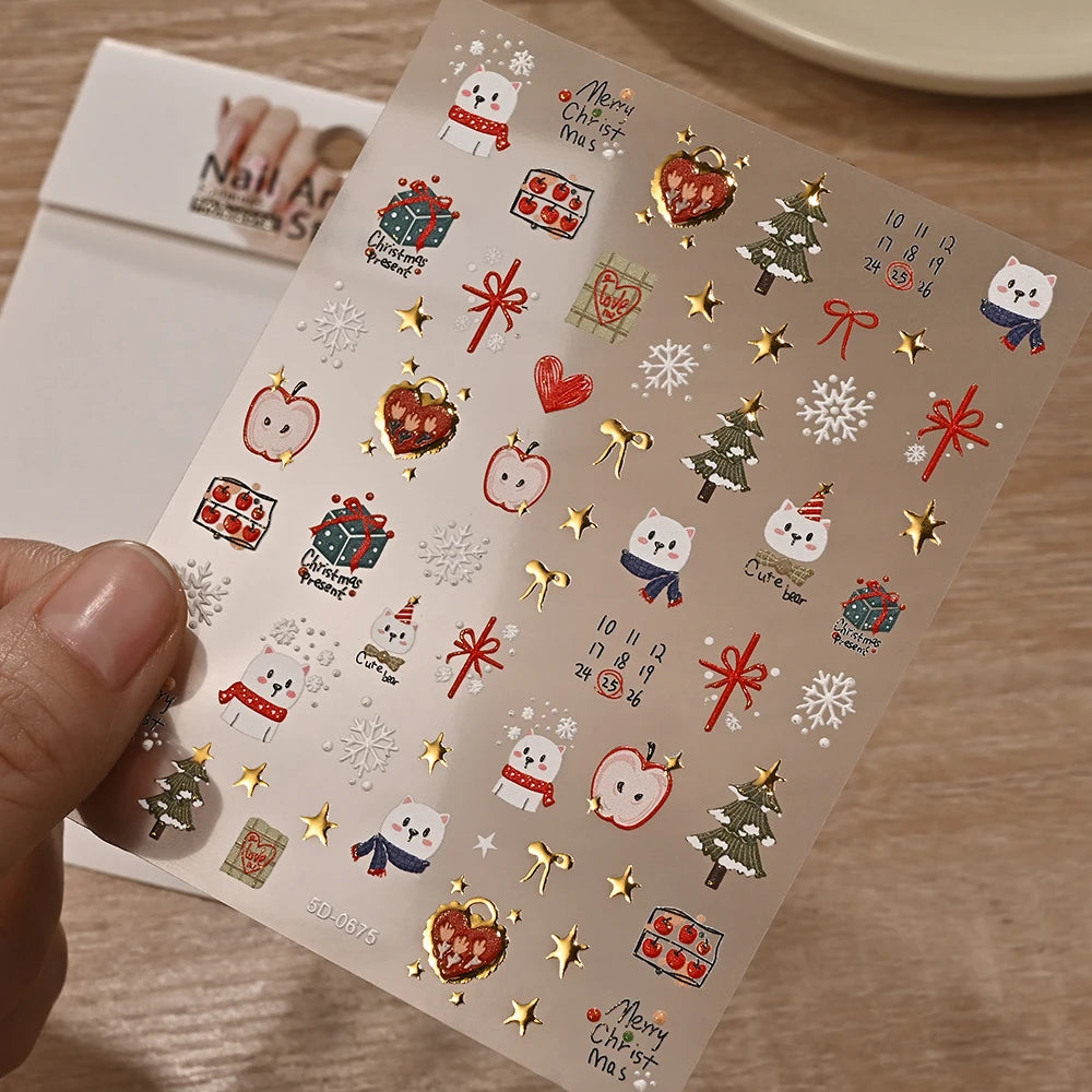 5D Red Bowknot/Gold Snowflakes/Christmas Tree Nail Stickers Cute White Snowflake Bow Christmas Nail Decals New Year Nail Supplie
