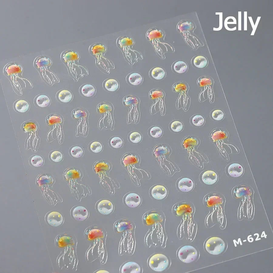 Goldfish Cavort Water Grass Lotus Flower Leaf Brocaded Carp Koi Ripple Droplet Water Bubbles 5D Nail Art Stickers Manicure Decal
